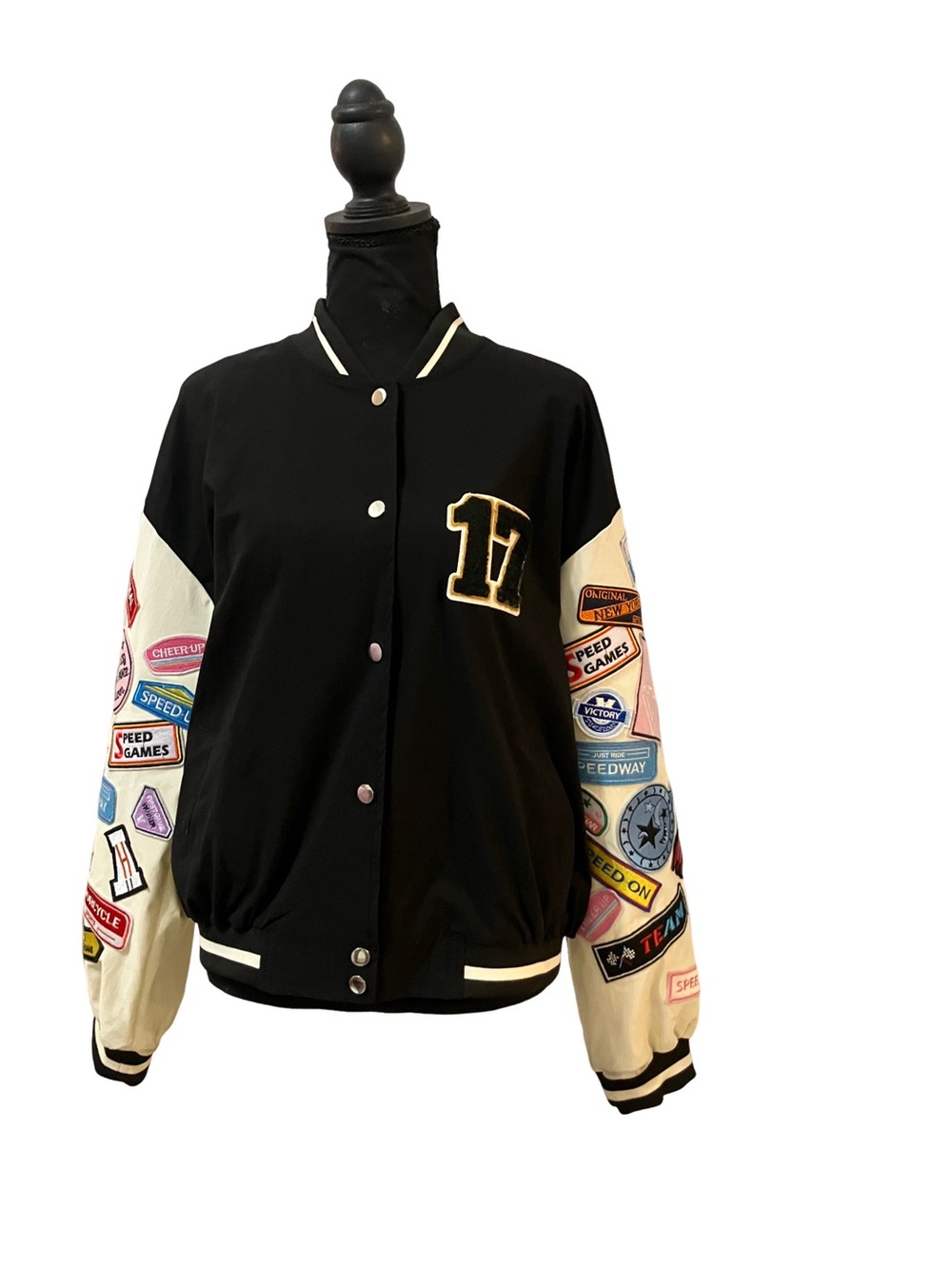Hot & Delicious Black and Cream Patch Sleeve Varsity Jacket
